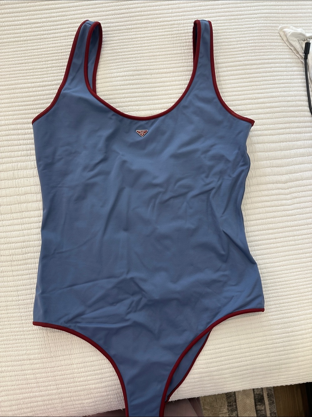Prada Slate Blue One-Piece Swimsuit with Burgundy Trim